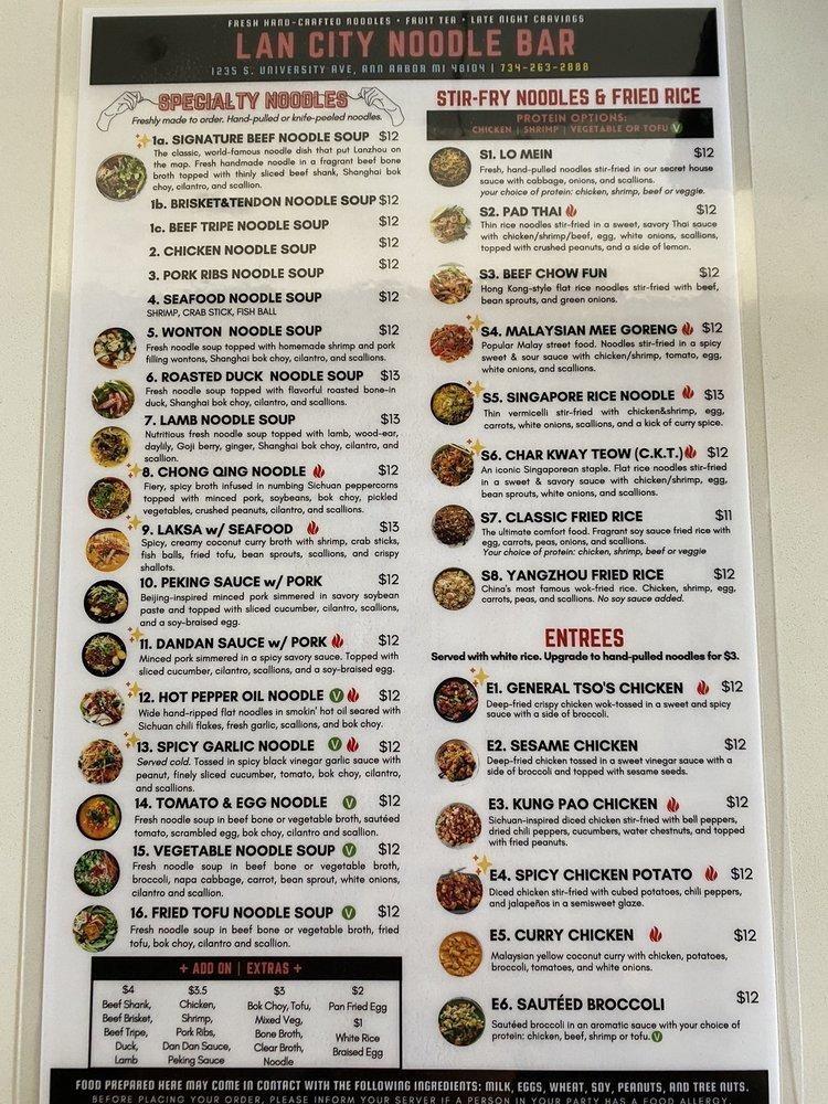 Menu at Lan City Noodle Bar (Ann Arbor), Ann Arbor