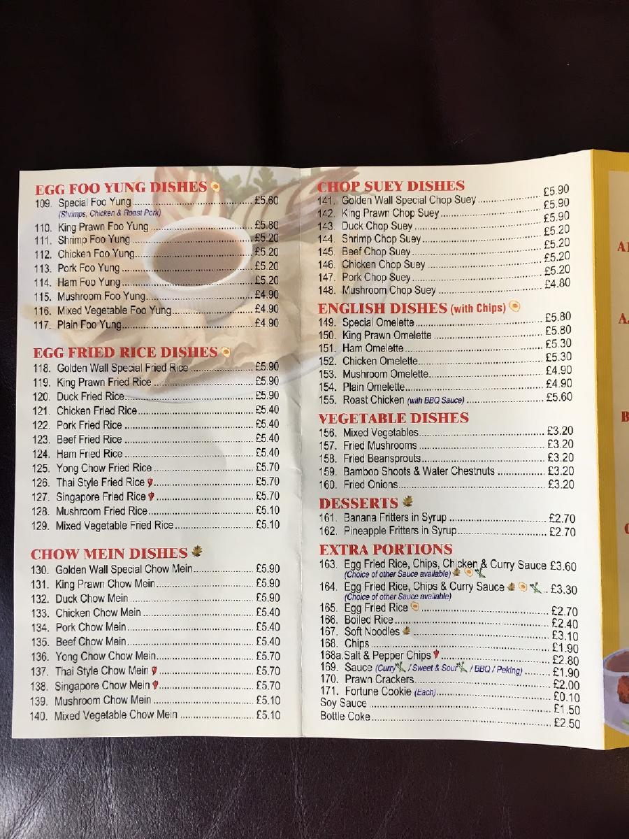 Menu at The Golden Wall fast food, Dursley