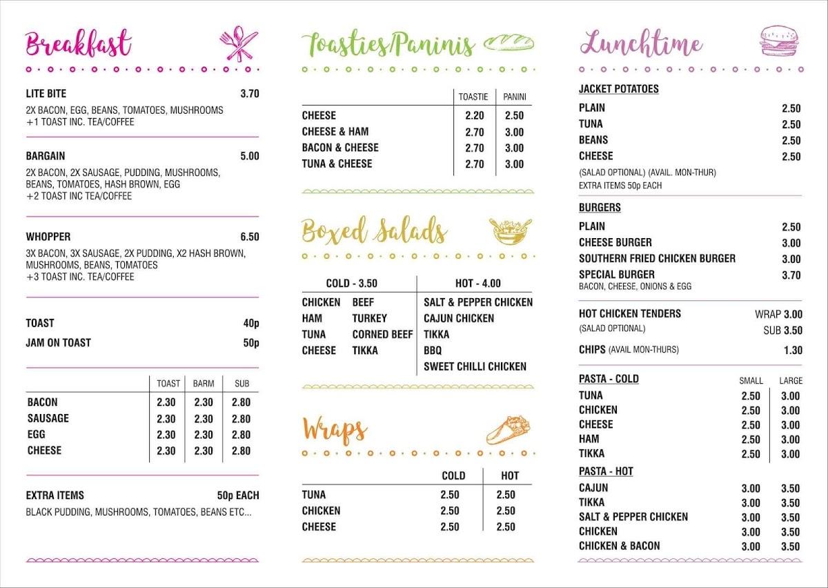 Menu at Woodys Burtonwood cafe, Warrington