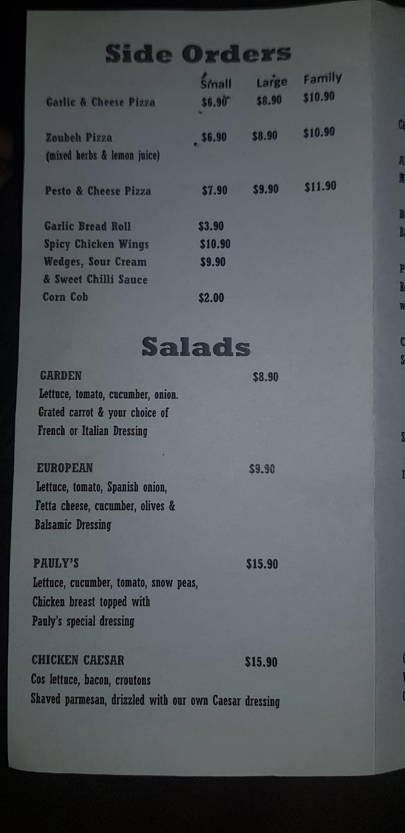 Menu at Pauly's Gourmet Kitchen restaurant, Morisset