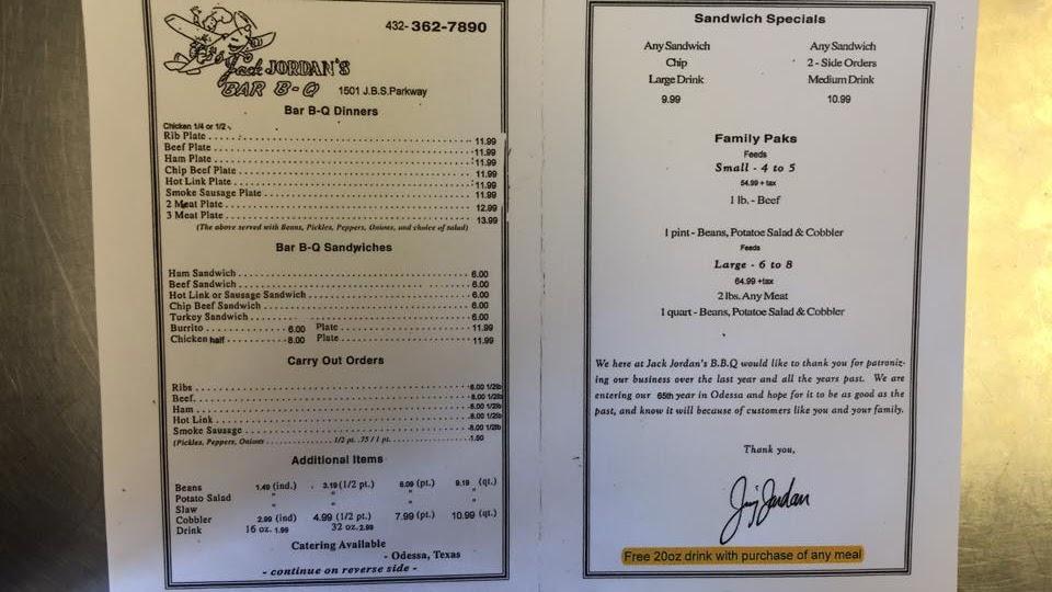 Menu at Jack Jordan's BarBQue, Odessa, John Ben Shepperd Pkwy 1921