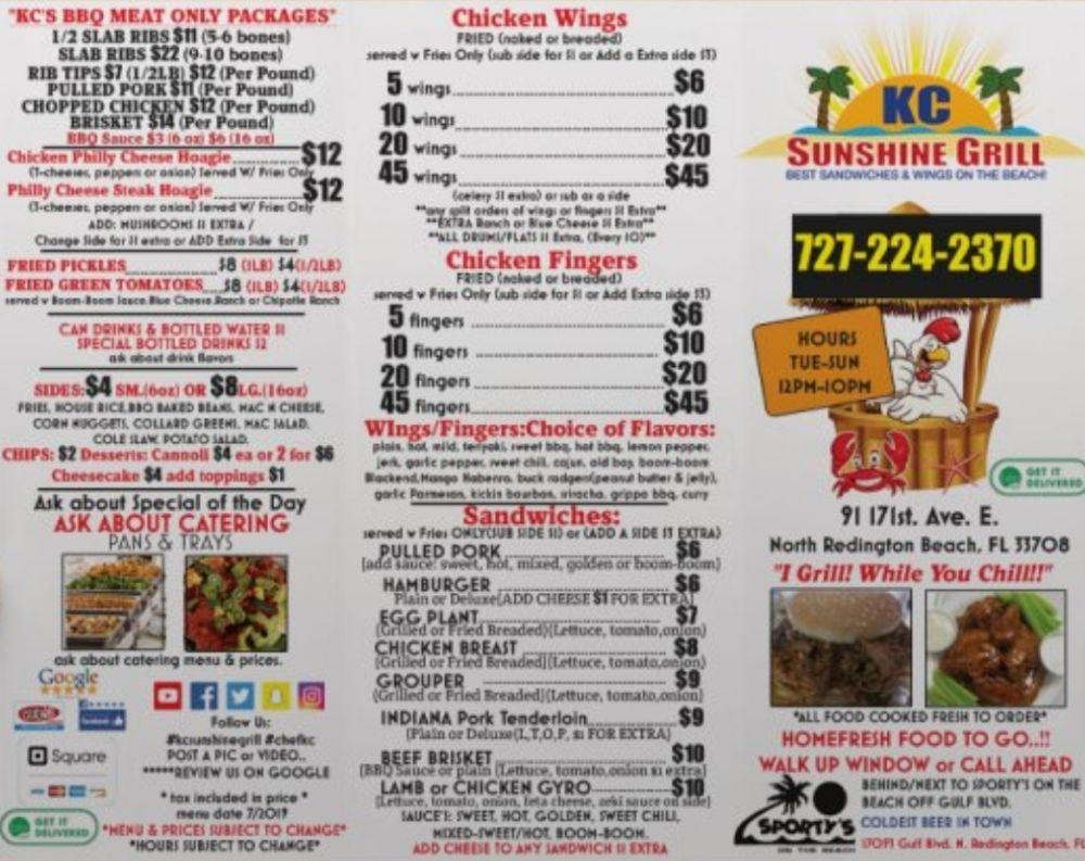 Menu at KC Sunshine Grill BBQ, North Redington Beach