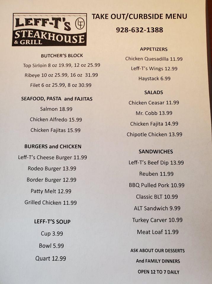 Menu at LeffT's Steak House & Grill steakhouse, Prescott Valley