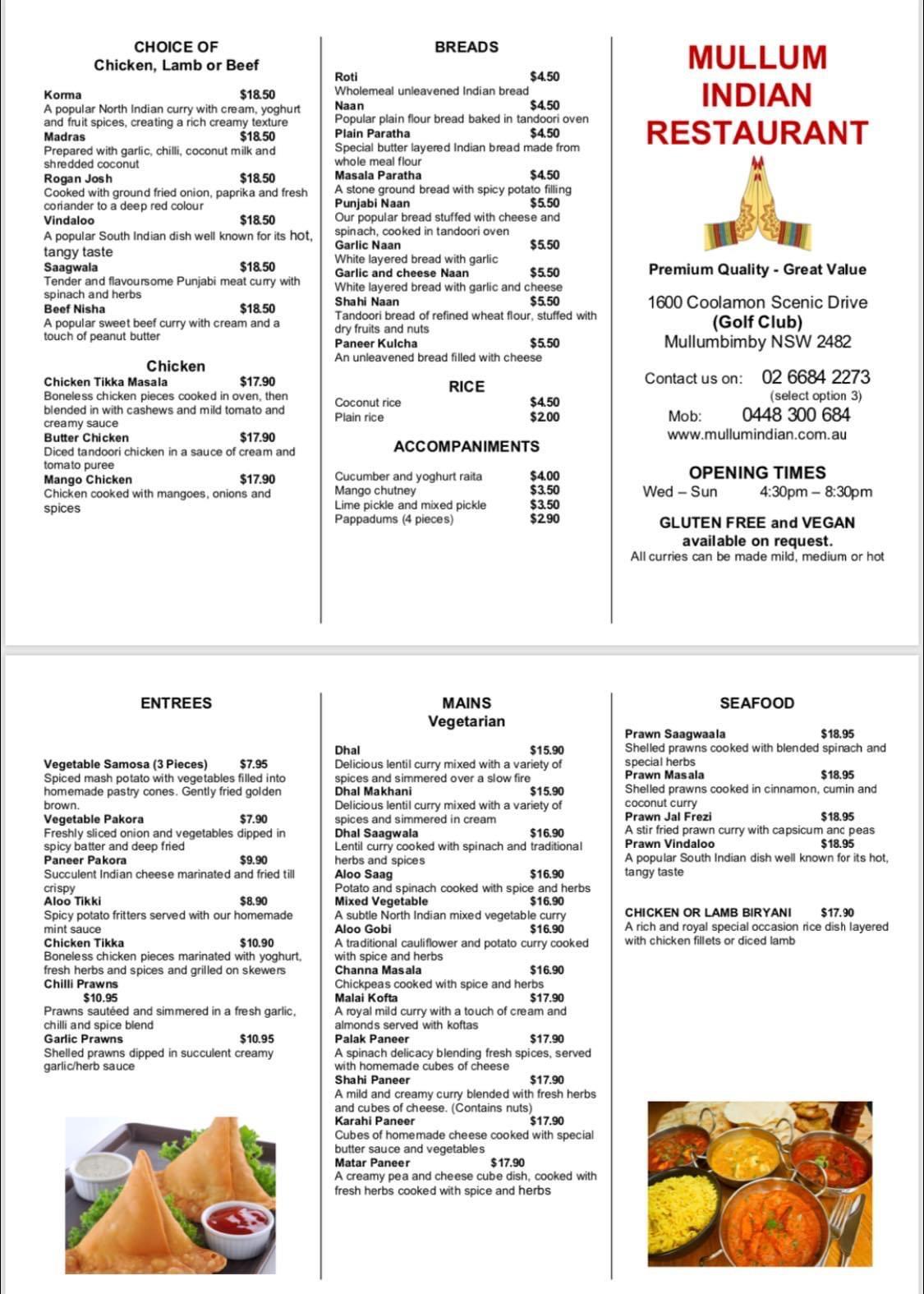 Carta de Mullum Indian Restaurant, Mullumbimby