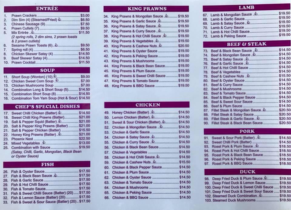 Menu at Wang Li Chinese Restaurant, Wangaratta