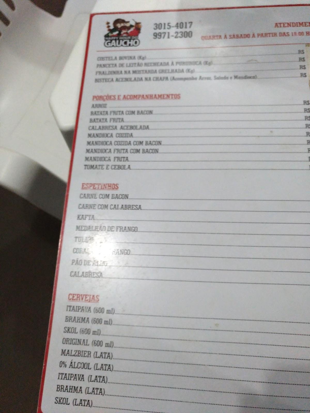 Assados do Gaúcho cardápio