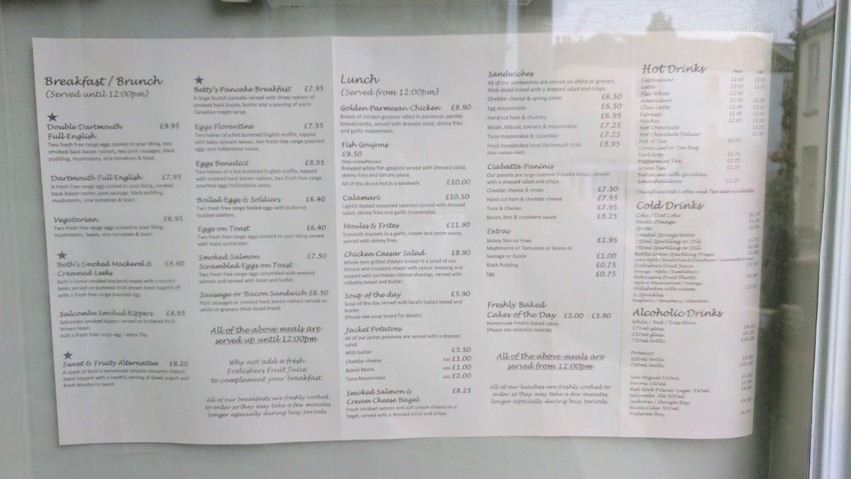Menu at Beth's Bistro cafe, Dartmouth