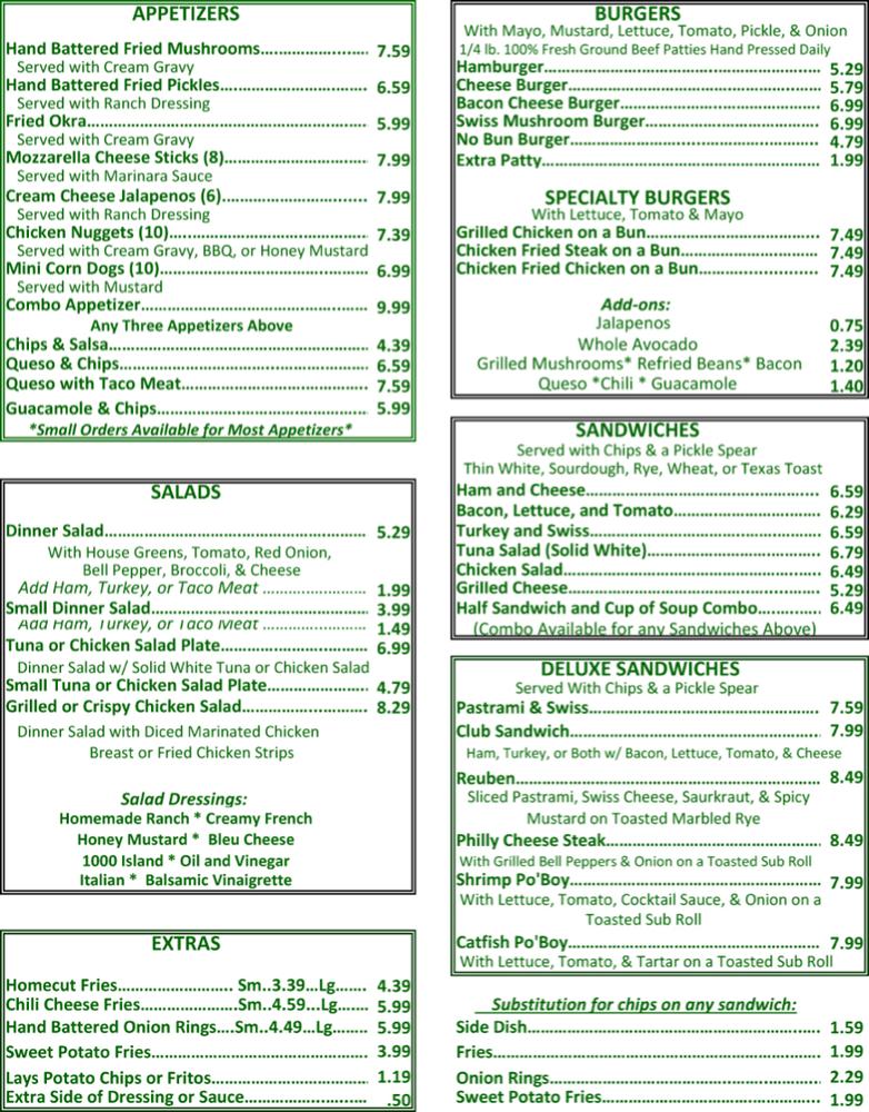 Menu at Pat's Place restaurant, New Braunfels