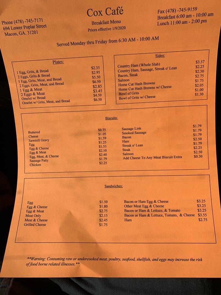 Menu at Cox Cafe, Macon