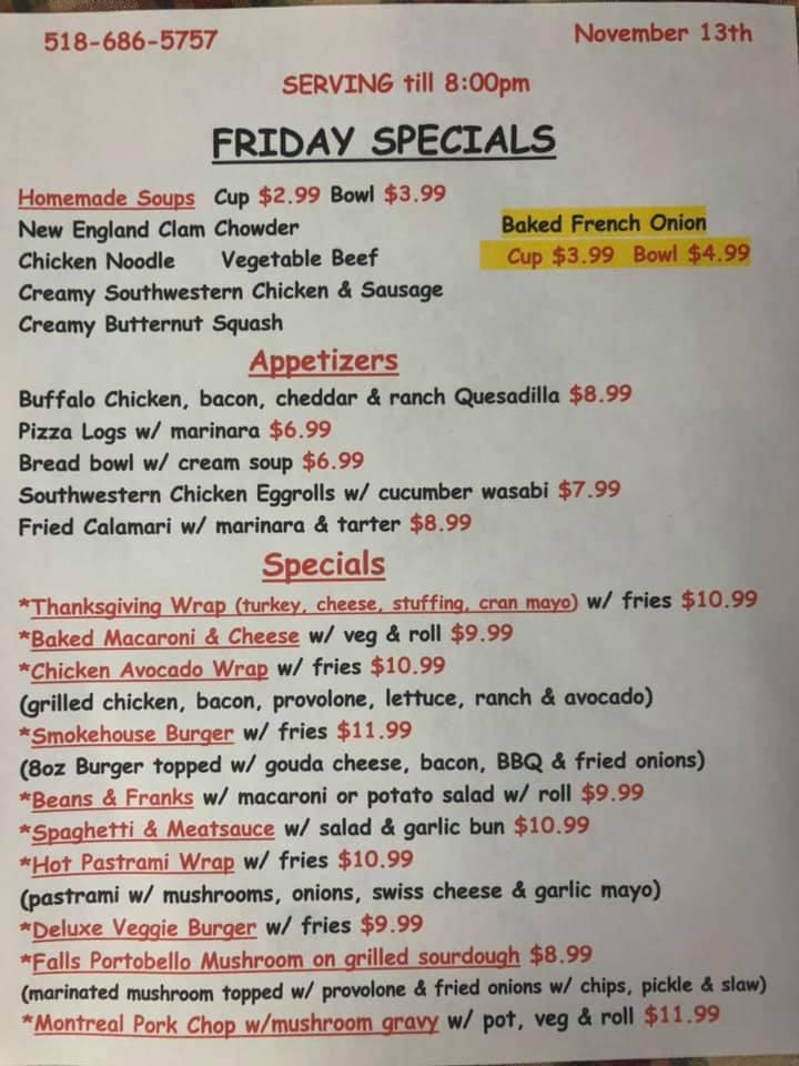 Menu at Fall's Diner restaurant, Hoosick Falls