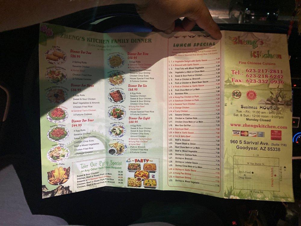 Menu at Zheng's Chinese Kitchen restaurant, Goodyear