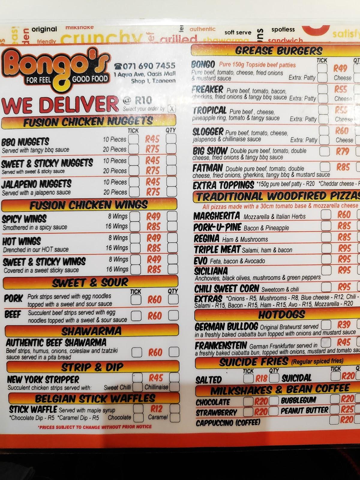 Menu at Bongo's Fast Food, Tzaneen