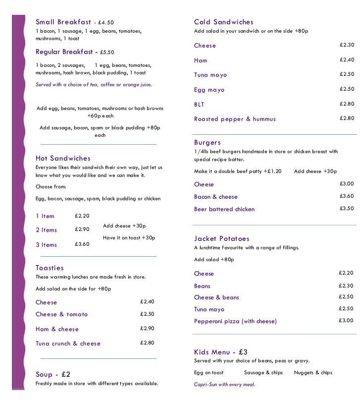 Menu at Cafe on the Corner, Waterfoot