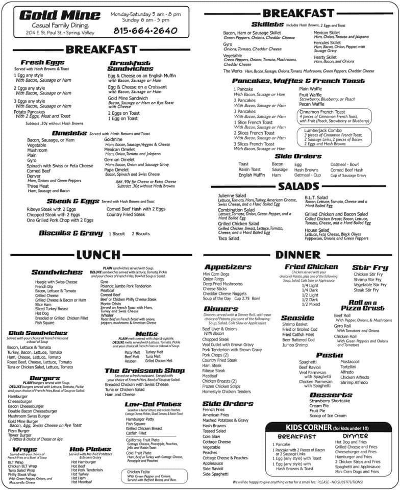 Menu at Gold Mine Restaurant, Spring Valley