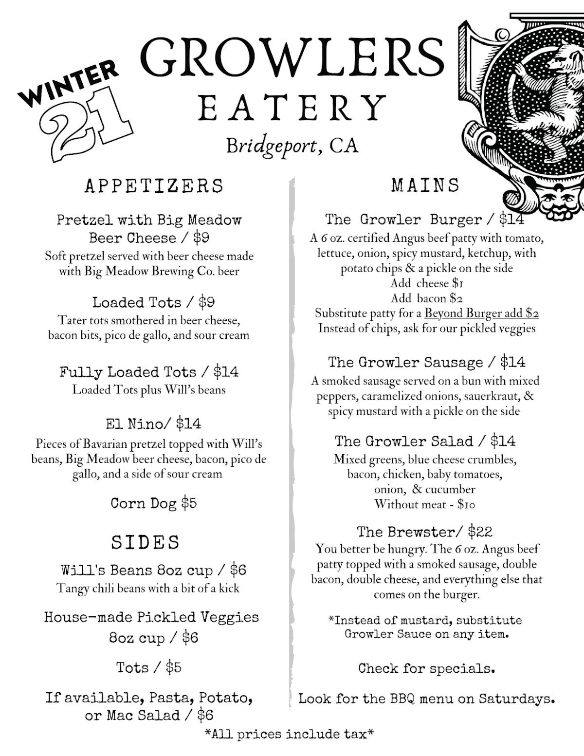 Menu at Growlers Eatery restaurant, Bridgeport