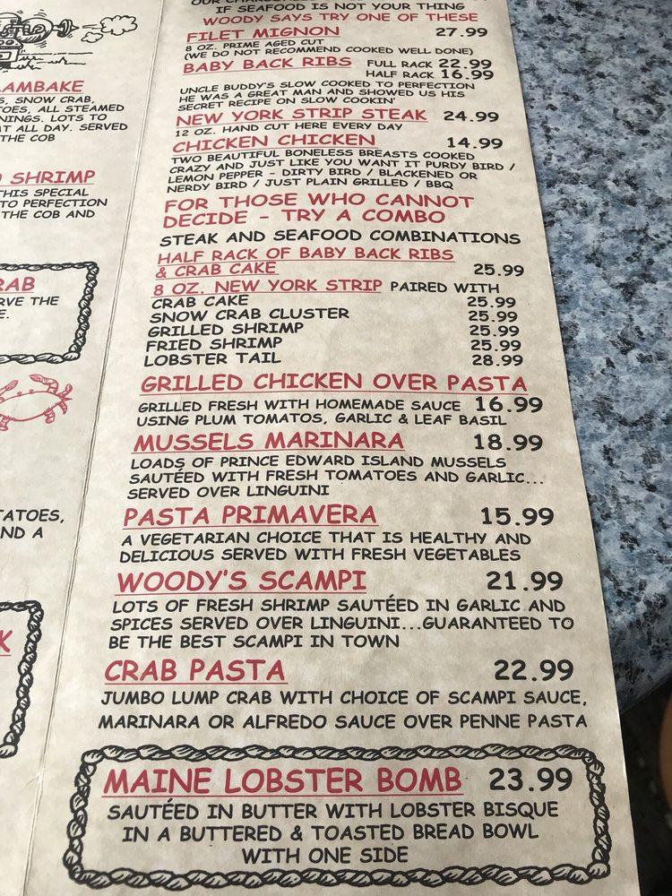 Menu at Woody's Crab House restaurant, North East