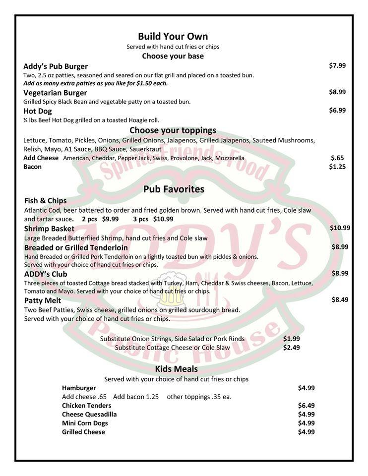 Menu at Addy's Public House, Lisbon