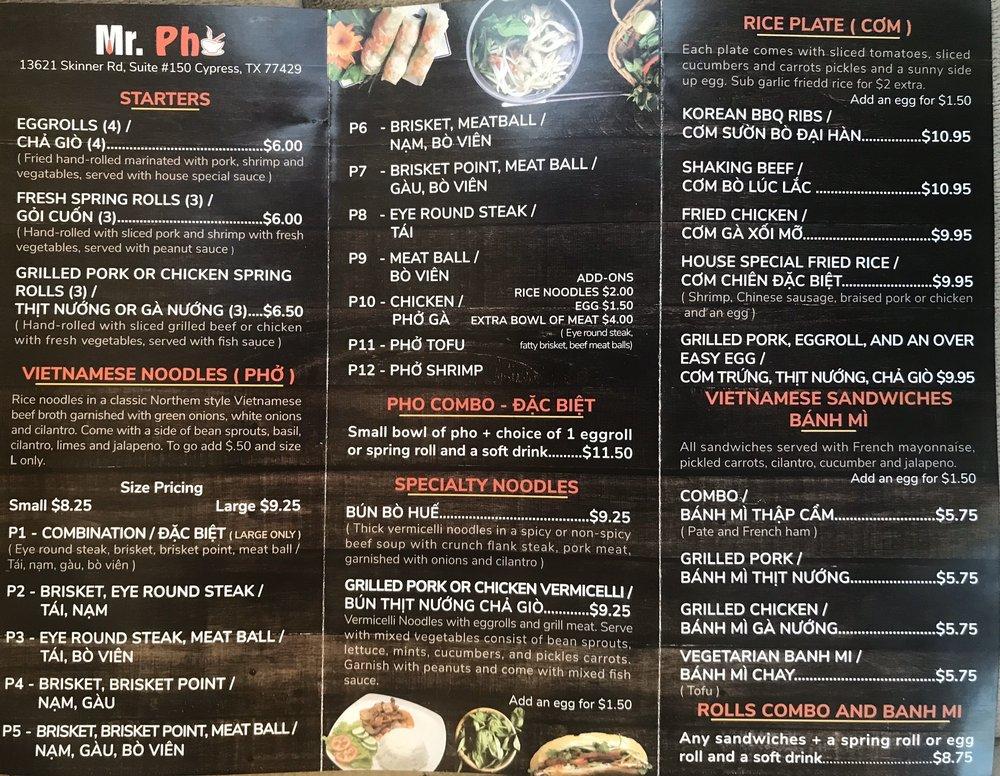 Carta del restaurante Mr. Pho, Cypress, Skinner Rd Ste 150