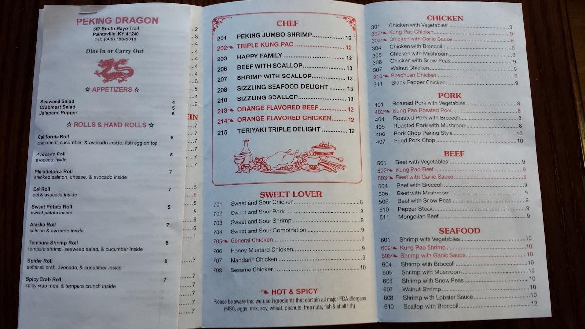 Menu at Peking Dragon Chinese Restaurant, Paintsville
