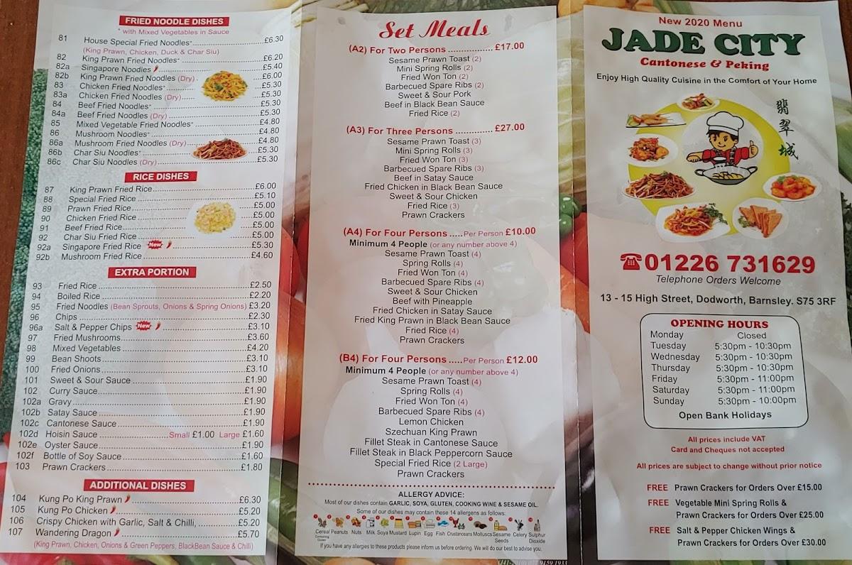 Menu at Jade City fast food, Barnsley, 13 High St