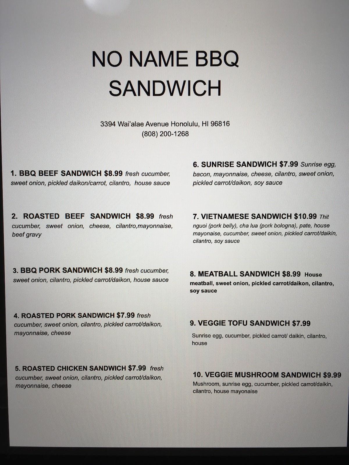 Menu at No Name BBQ Sandwich, Honolulu