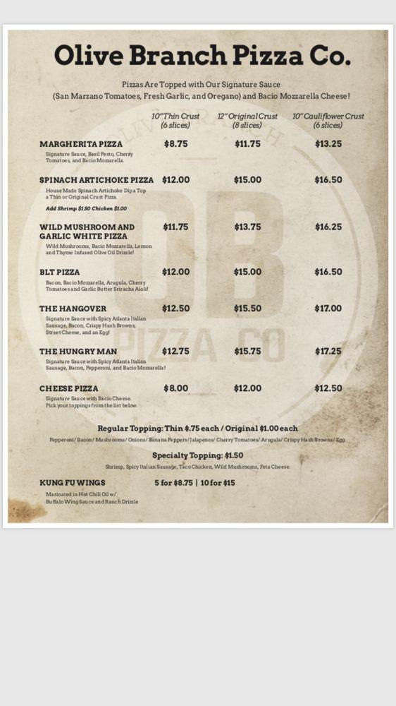 Menu at OB Pizza Company pizzeria, Olive Branch