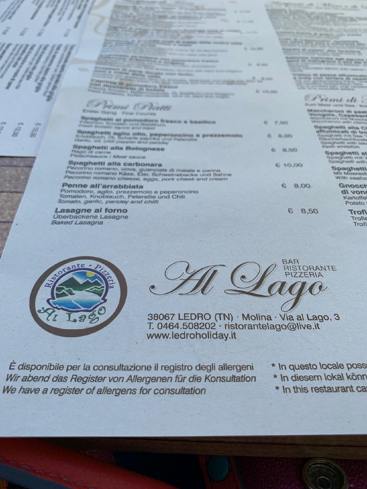 Menu Da Ristorante Pizzeria Bar Al Lago, Molina Di Ledro