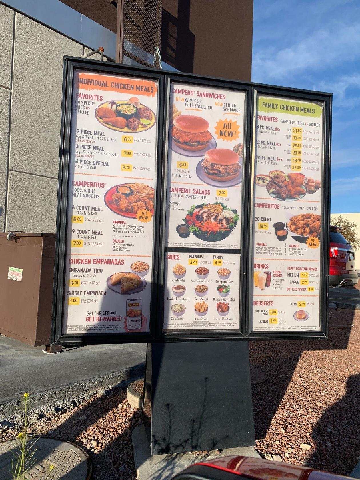 Menu at Pollo Campero restaurant, Las Vegas, E Charleston Blvd