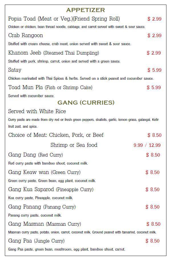 Menu at True Thai restaurant, Louisville