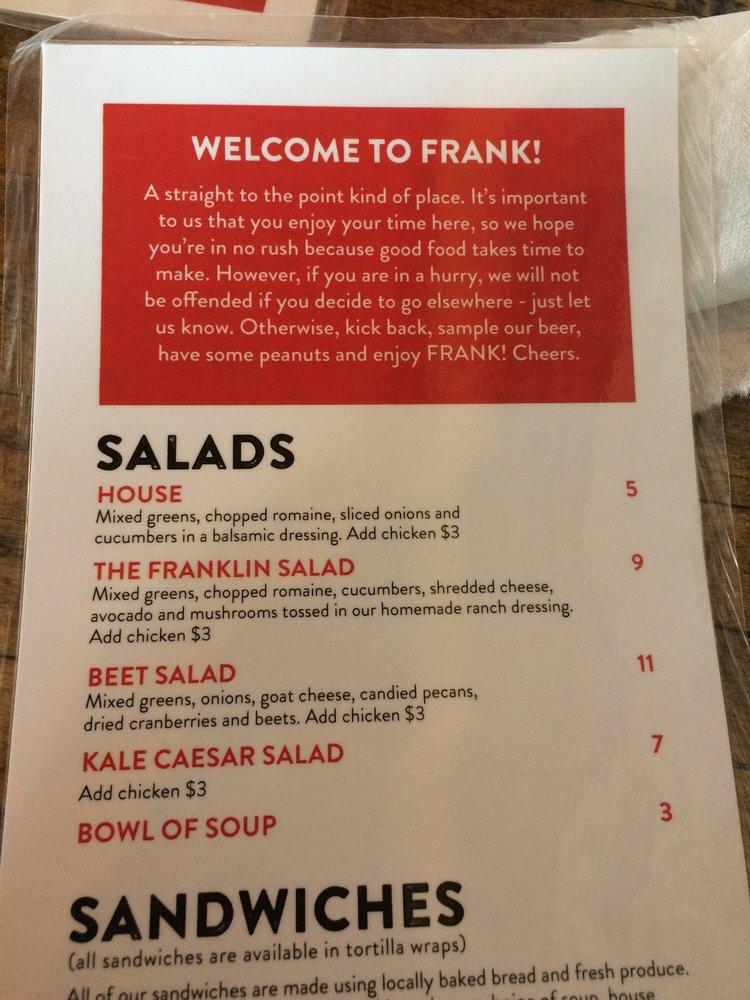 Menu at Frank Brewing Co. pub & bar, Tecumseh