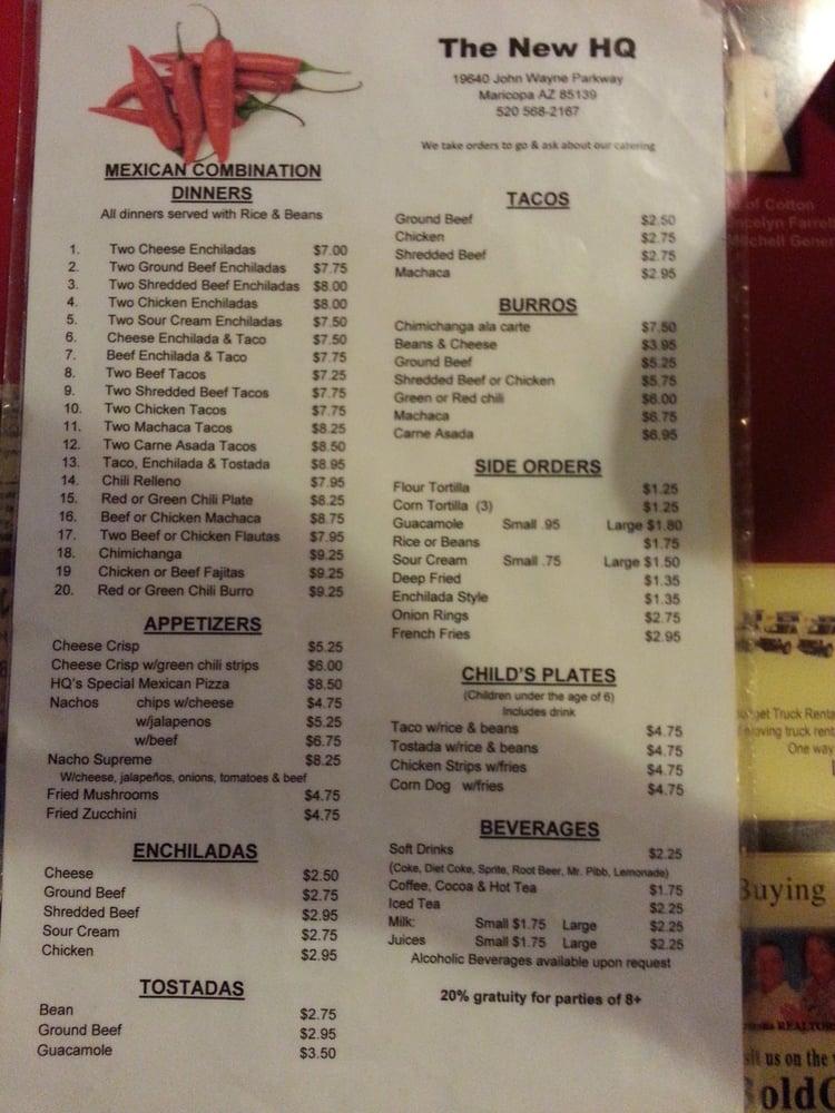 Menu at Headquarters Cafe, Maricopa, N Maricopa Rd