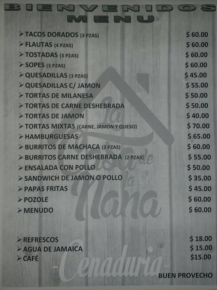 Menu at La Casa De La Nana restaurant, La Paz