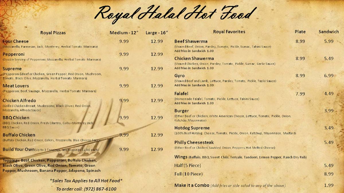 Carta de Royal Zabhia Halal Meats & Bakery, Plano