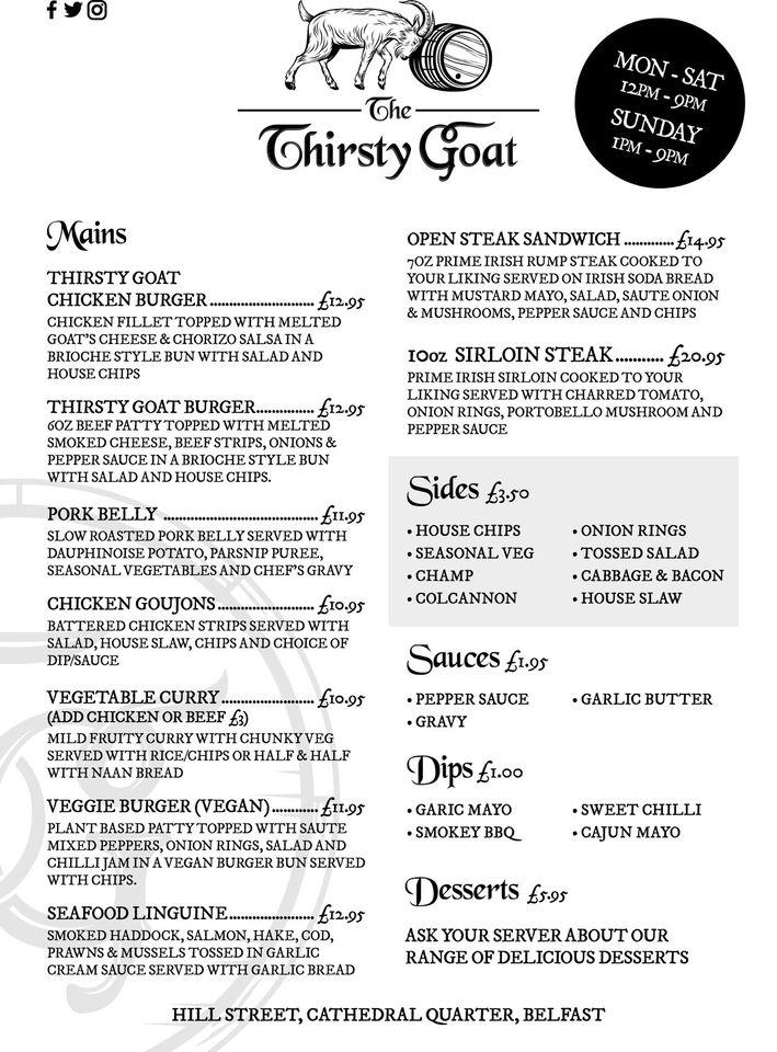 Menu at The Thirsty Goat Belfast pub & bar, Belfast