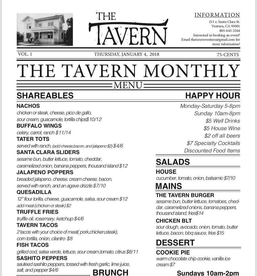 Menu at The Tavern pub & bar, Ventura