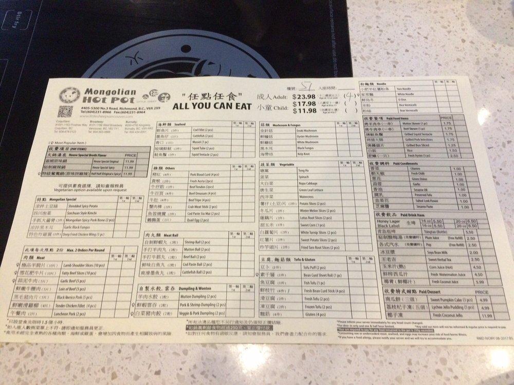 Menu at Happy Lamb Hot Pot, Burnaby restaurant, Burnaby