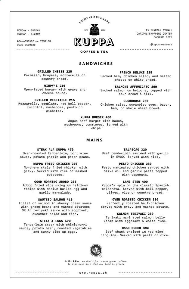 Menu at Kuppa Coffee & Tea cafe, Bacolod, Capitol Shopping Center