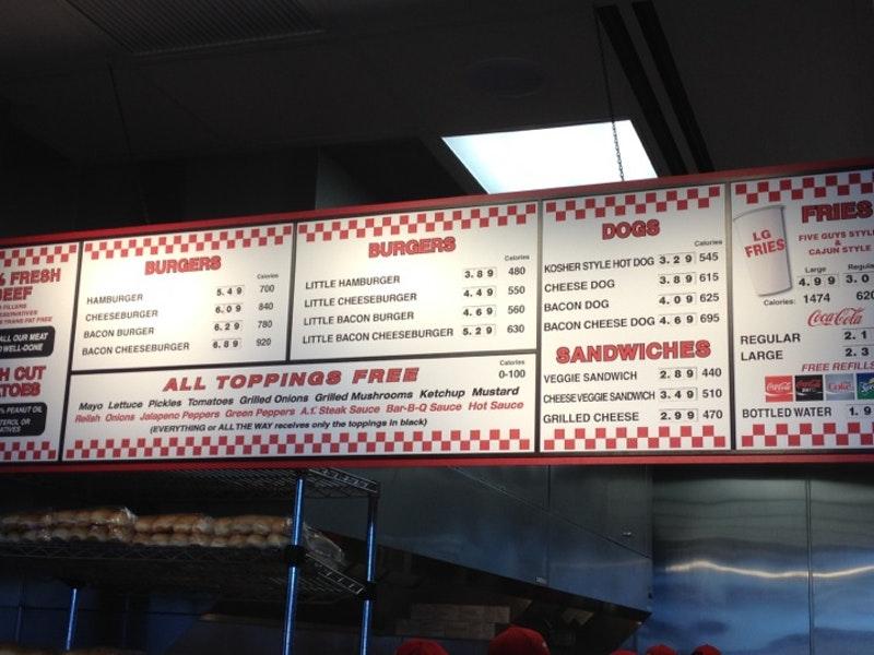 Menu at Five Guys fast food, Oxnard, Portico Way