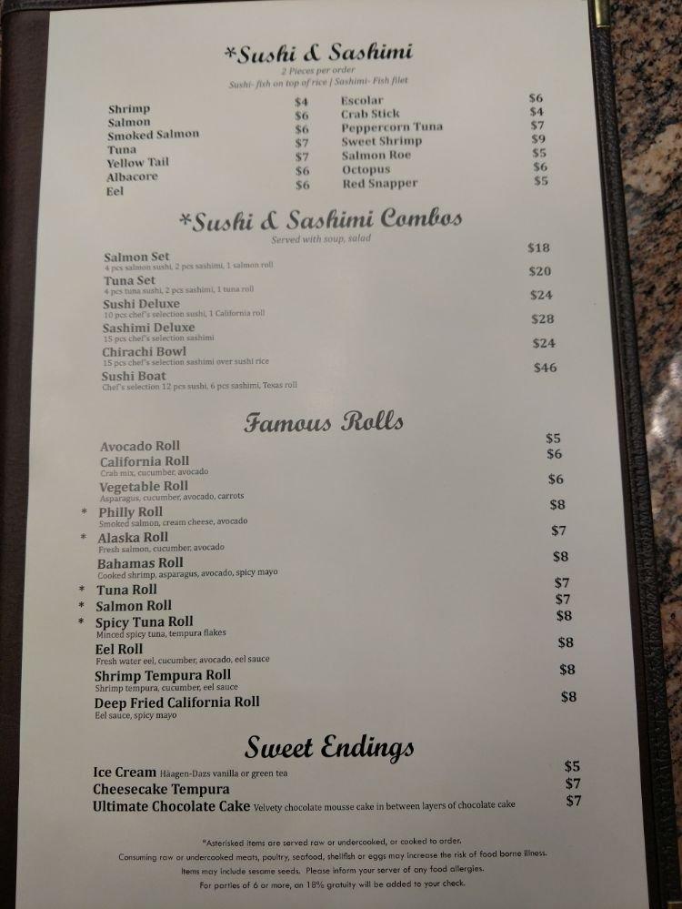 Menu at Yamato Hibachi & Sushi restaurant, Victoria