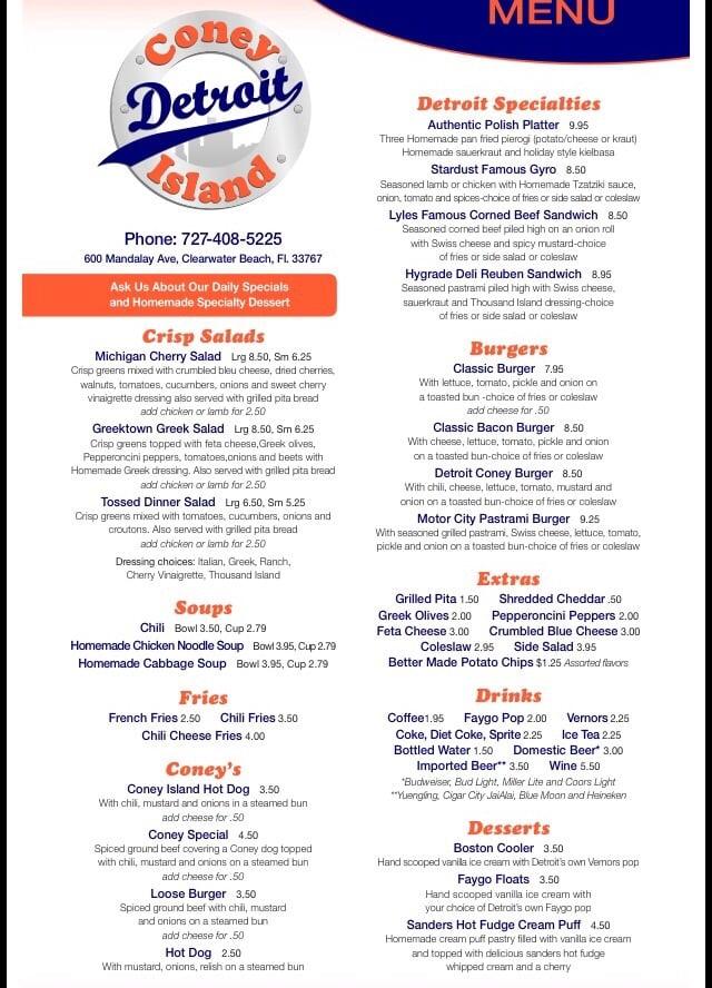 Menu at Detroit Coney Island restaurant, Palm Harbor, US Hwy 19 N
