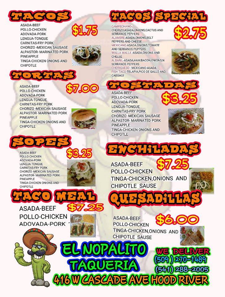 Menu at El Nopalito, Hood River