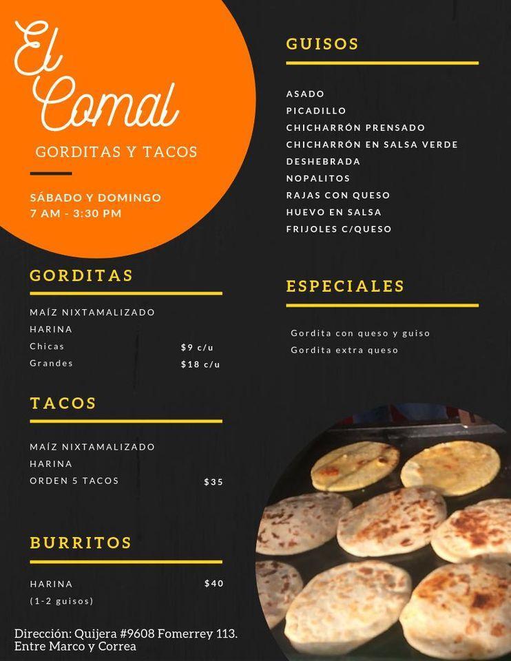 Carta del restaurante Gorditas y tacos “El Comal”, Monterrey