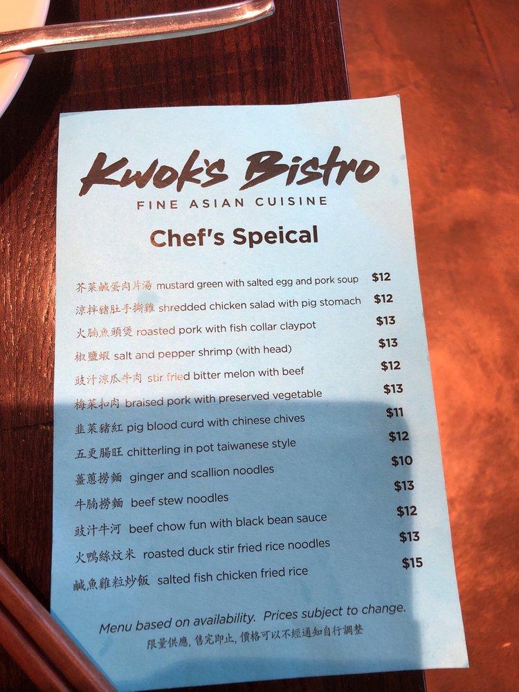Menu at Kwok's Bistro restaurant, Reno, 275 West St