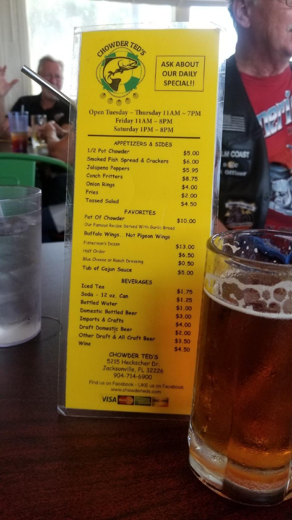 Menu at Chowder Ted's pub & bar, Jacksonville