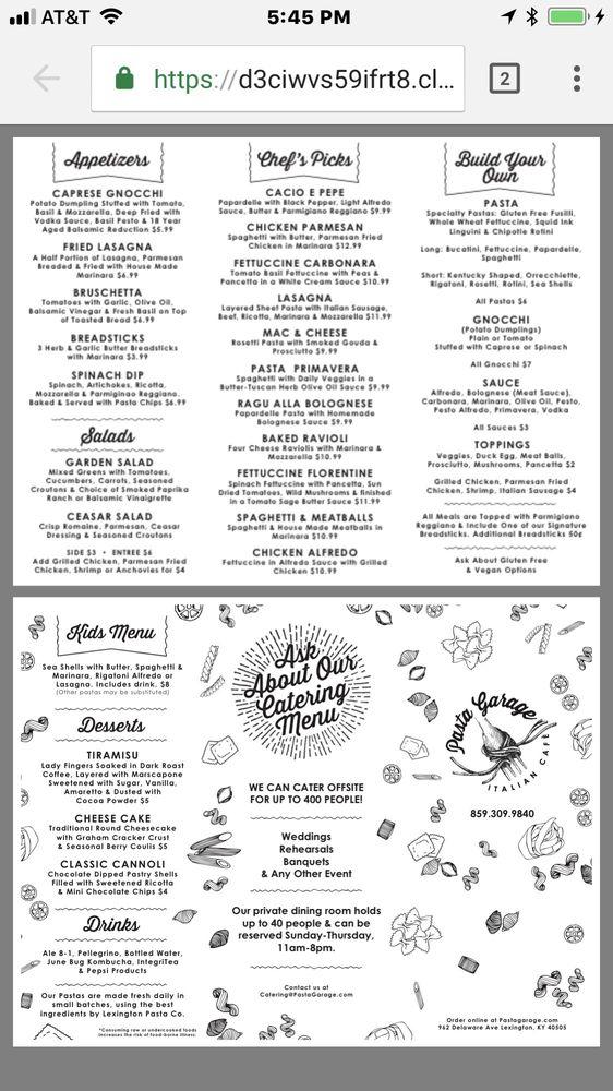 Menu at Pasta Garage Italian Cafe, Lexington