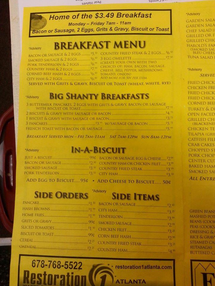 Menu at Whistle Stop Cafe in Kennesaw, Kennesaw