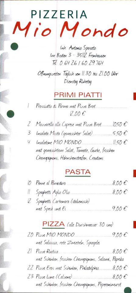 Speisekarte von Pizzeria Mio Mondo, Fronhausen