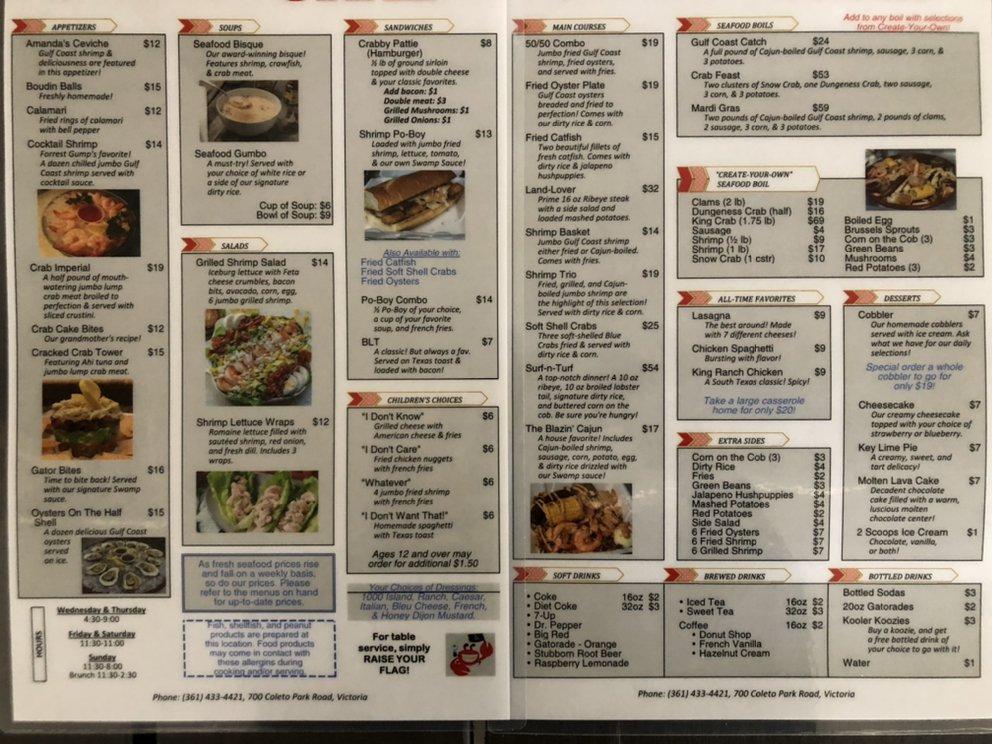 Menu at The Cracked Crab restaurant, USA, 700 Coleto Park Rd