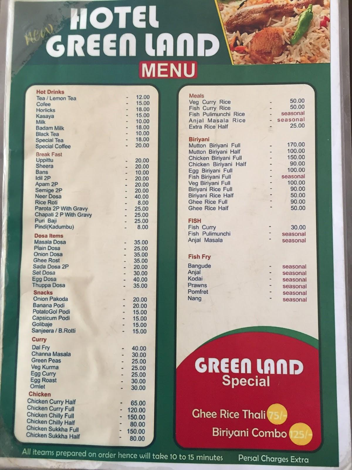 Menu at Green Land Restaurant, Mangaluru