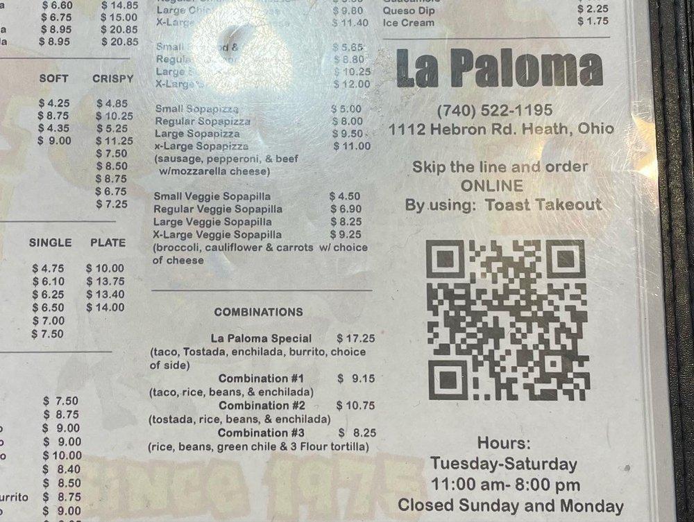 Menu at La Paloma Restaurant, Heath, Hebron Rd